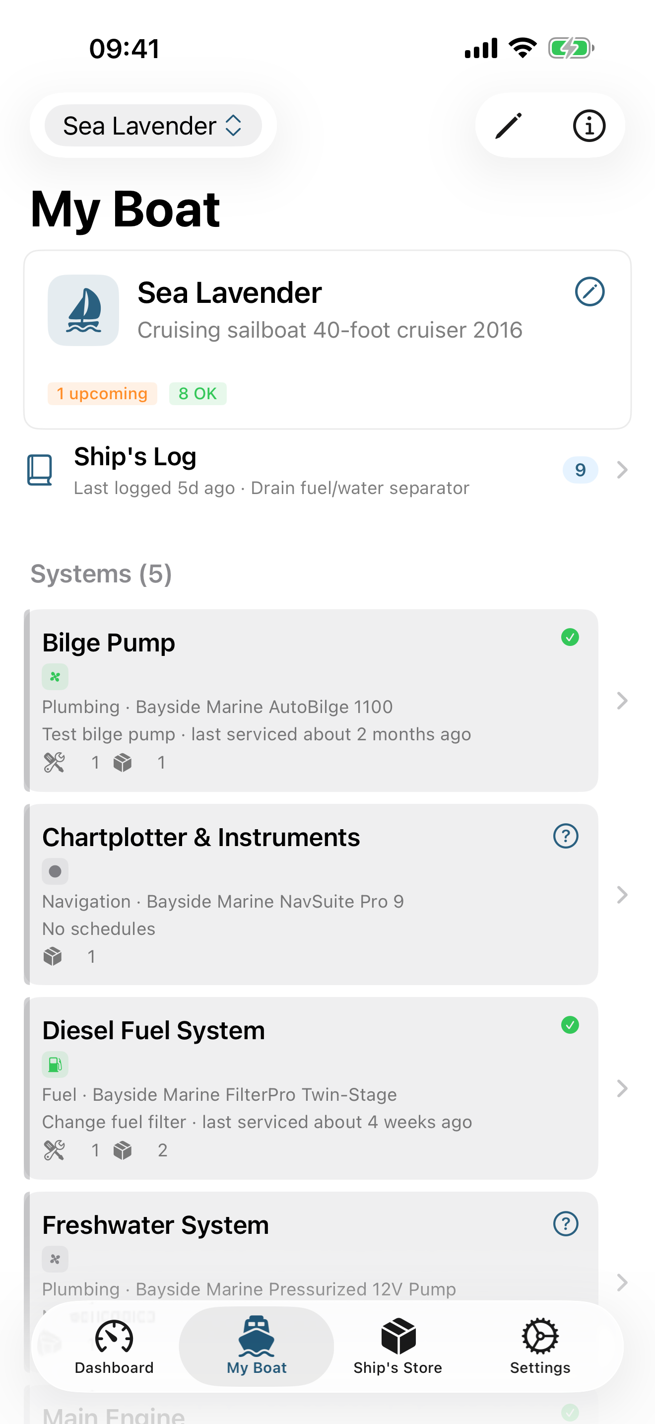 My Boat view showing vessel and onboard systems