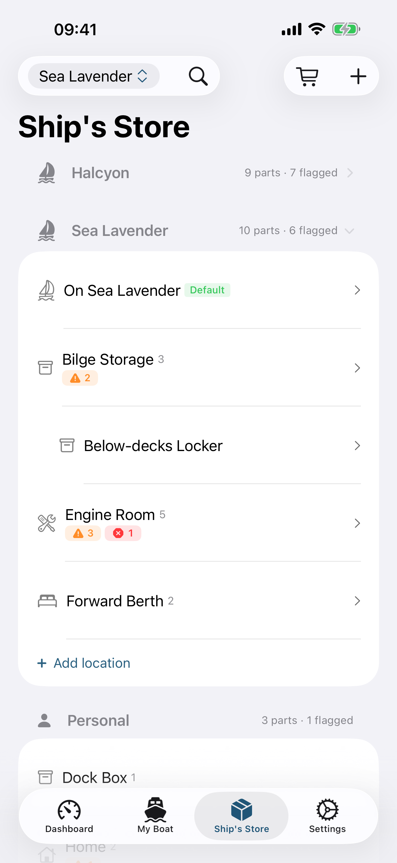 Ship's Store showing spare parts by stow location