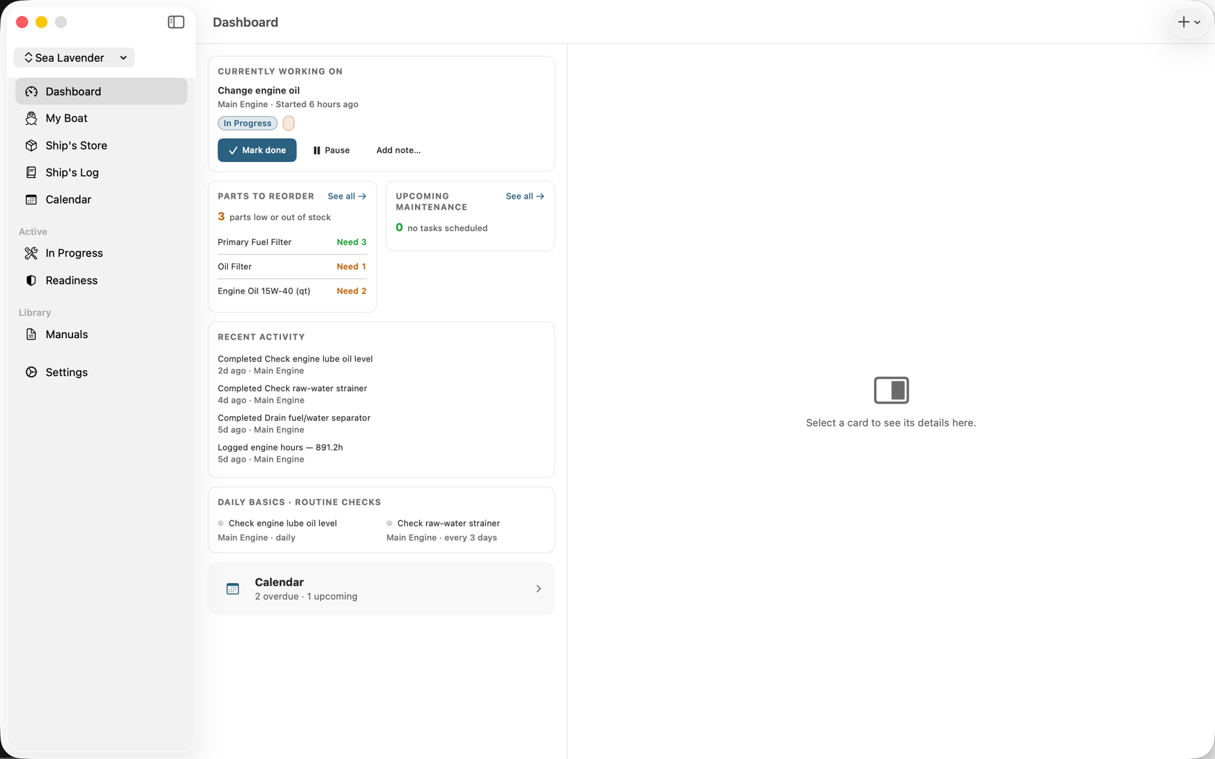 Maintenance Crew on Mac showing the three-column workspace: sidebar, dashboard cards, and detail pane