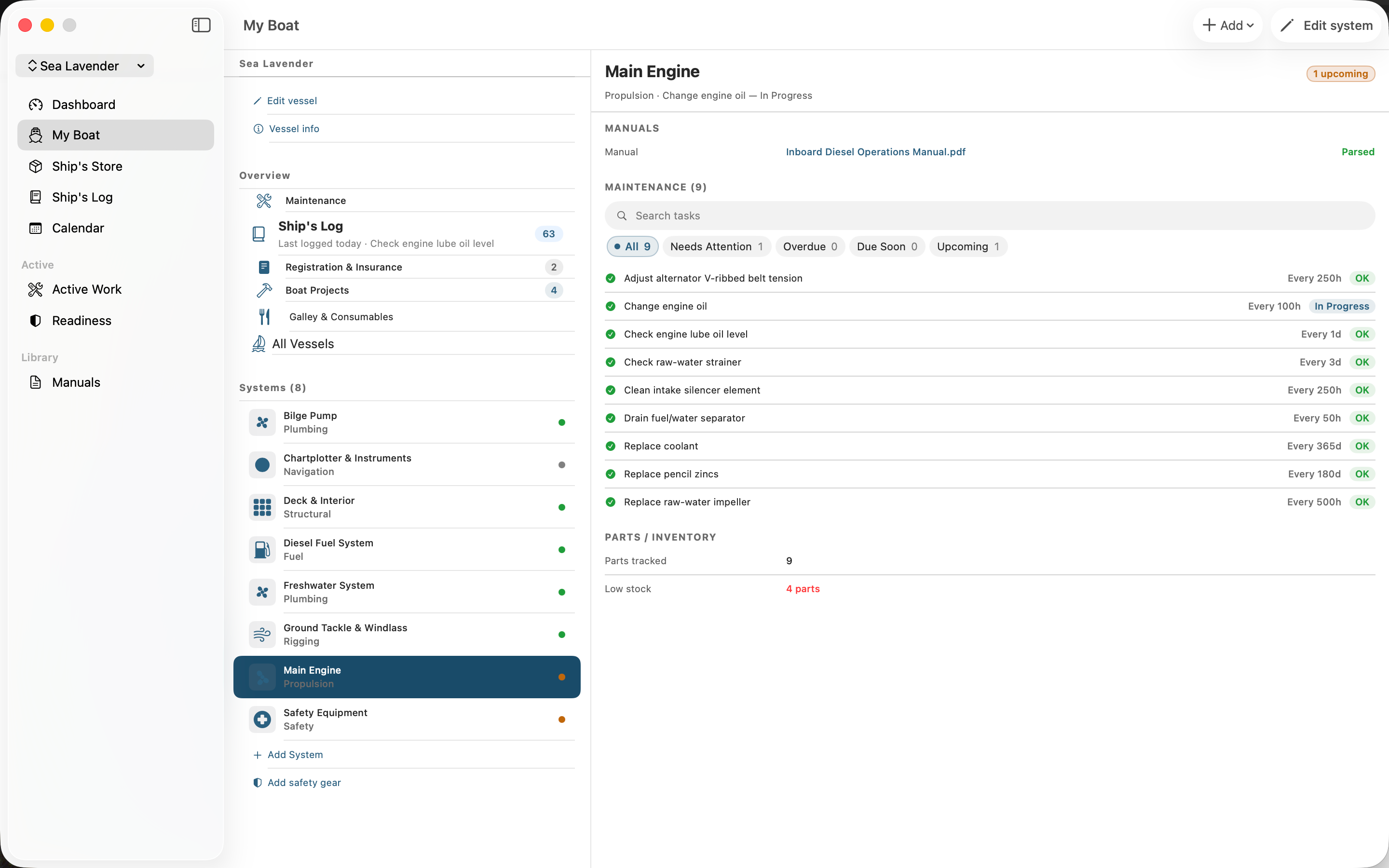 Maintenance Crew on Mac showing My Boat's three-column workspace: vessel systems in the sidebar and list, and the Main Engine detail pane with its parsed manual and maintenance list
